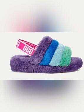 UGG Fluff Yeah Pride slide slippers featuring a distinct rainbow